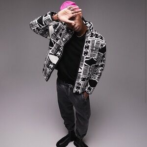 Topman borg jacket with all over pattern print in ecru